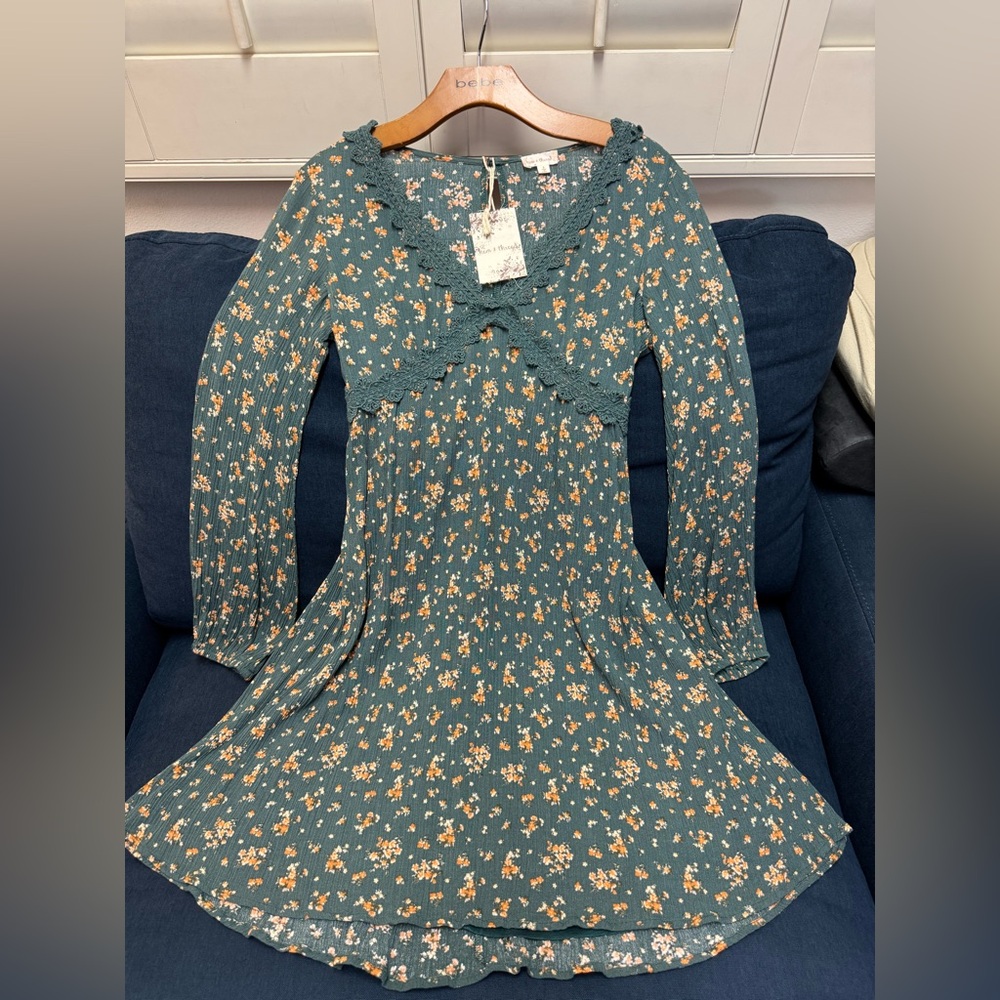 NWT Hem and Thread Long Sleeve Floral Midi Flare Dress with Eyelet Lace Trim